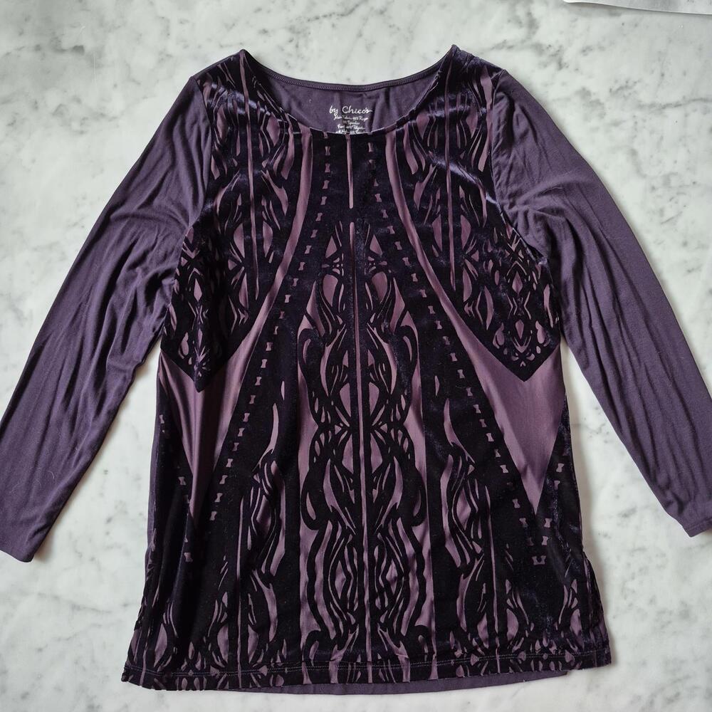 Chicos Top L/S Pullover Velvet Burnout Dark Deco Goth Glam Purple Plum 1 M 8-10